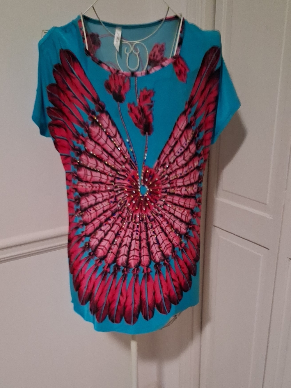 Women’s Turquoise Tee with Pink Feather Graphic